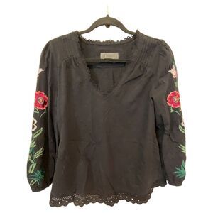 Anthropologie Blouse Womens XS Black‎ V-Neck Floral Embroidered Long Sleeve